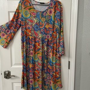 Blue & yellow paisley three-quarter bell sleeved empire waist dress